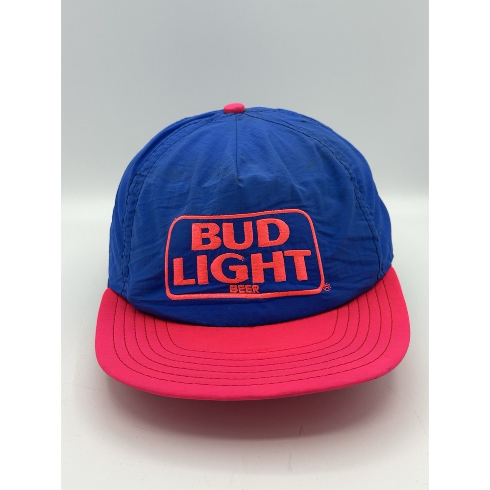 Vintage 80s Bud Light Beer Snapback Hat Neon Pink Blue Nylon USA Made